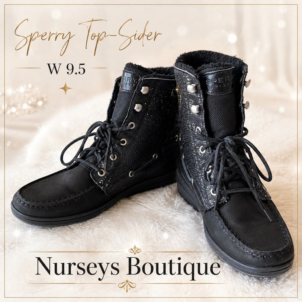 Sperry Hikerfish Black Glitter Faux Fur Lace Up Boots Womens 9.5M